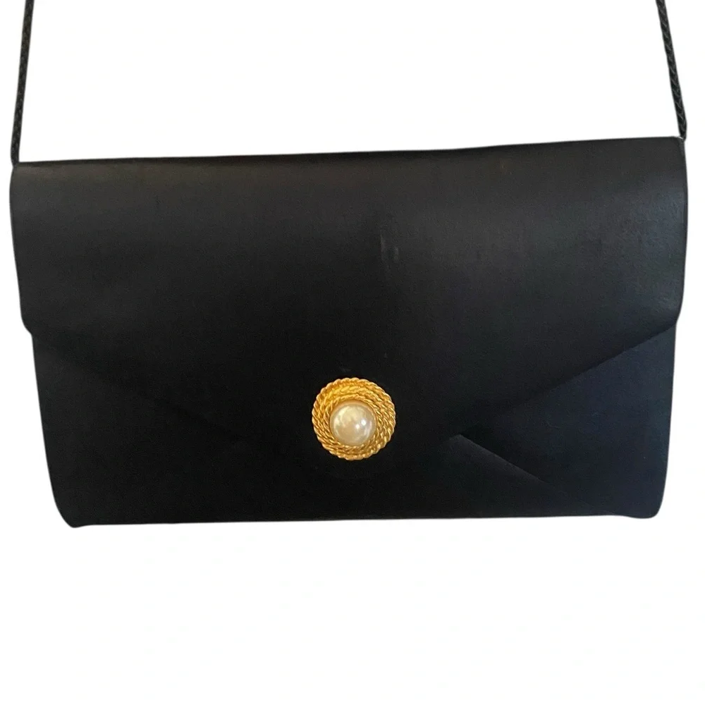 Vintage 90s Mervyns Formal Black Clutch Gold Pearl Crossbody Clutch Evening bag